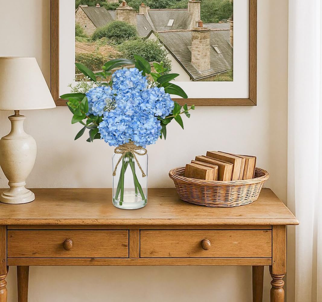 Hollyone Blue Hydrangea Artificial Flowers in Clear Glass Vase with Faux Water Silk Hydrangeas Fake Flowers Floral Arrangement for Home Bathroom Kitchen Office Table Centerpiece Shelf Decorations