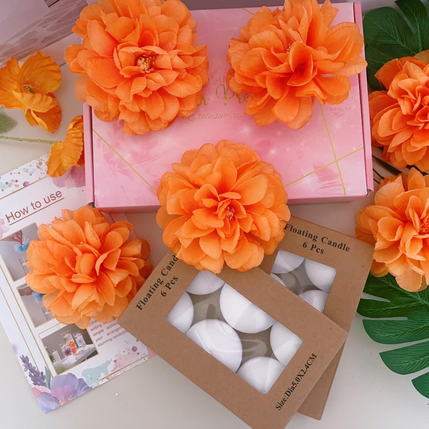 24 Pcs Floating Candles for Centerpieces and Floating Flowers Vase Fillers for Centerpieces Orange Artificial Flowers for Wedding Table Party Home Decoration
