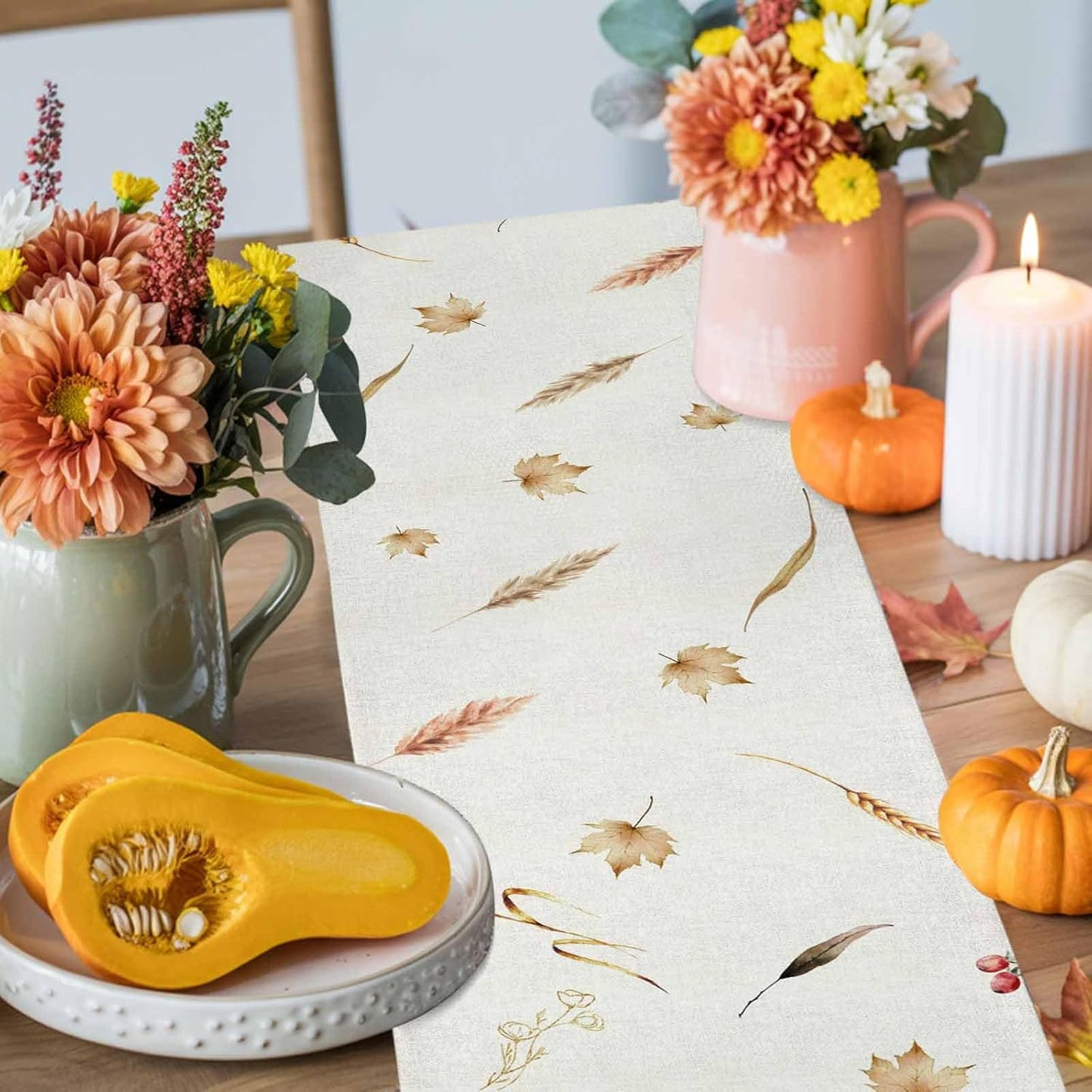Fall Thanksgiving Cotton Linen Table Runner for Dining Kitchen, Orange Pumpkins Outdoor Party Autumn Tablerunners Decoration Rustic Wheat Leaves Dresser Scarf Coffee Tablecloth Runners 13x108 Inches