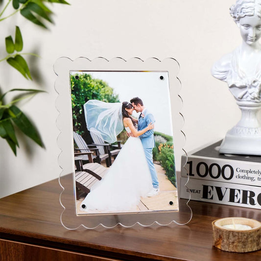 Cuspin 5x7 Acrylic Frames Set of 2 Scalloped Picture Frame, Clear Magnetic Acrylic Photo Frames with Dual Kickstand Holes for Vertical and Horizontal Display