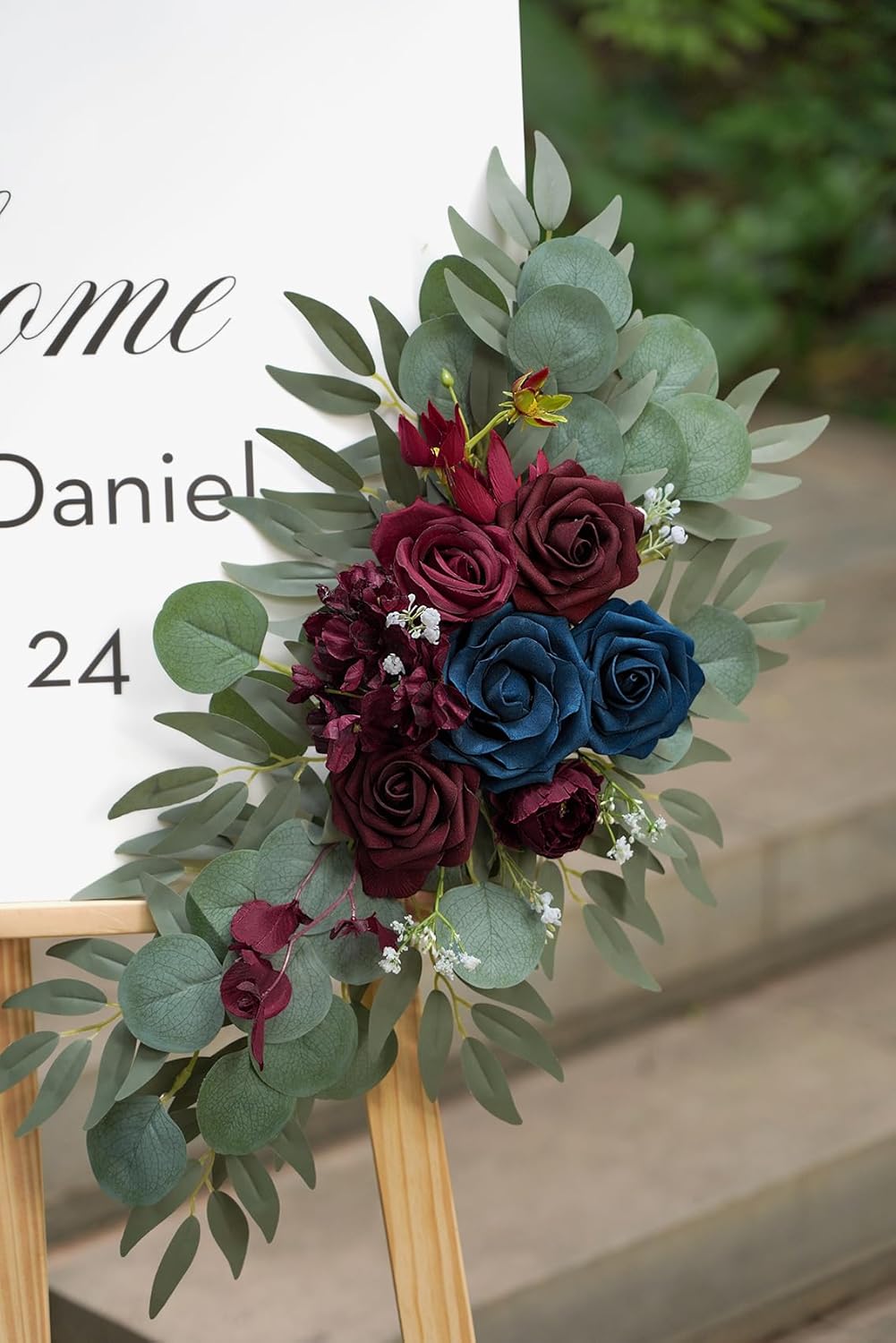 Navy and Burgundy Flower for Wedding Welcome Signs Decorations, Artificial Burgundy Wedding Arch Flowers for Wedding Ceremony (Set of 2)