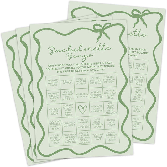 DEEKA 30 PCS Bridal Shower Games Card for 30 Guests Sage Green Wavy Border Ribbon Bow Funny Wedding Bachelorette Party Games for Reception (Bachelorette Bingo)