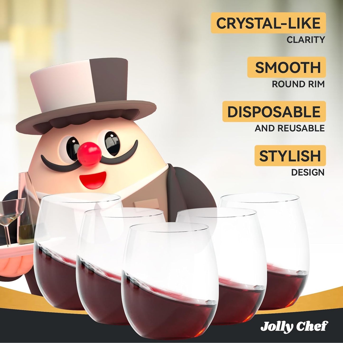 JOLLY CHEF 24 Pack 12 Oz Disposable Plastic Wine Glasses. Shatterproof, Unbreakable, Crystal, Stemless Plastic Wine Cups for Party, Halloween, Christmas