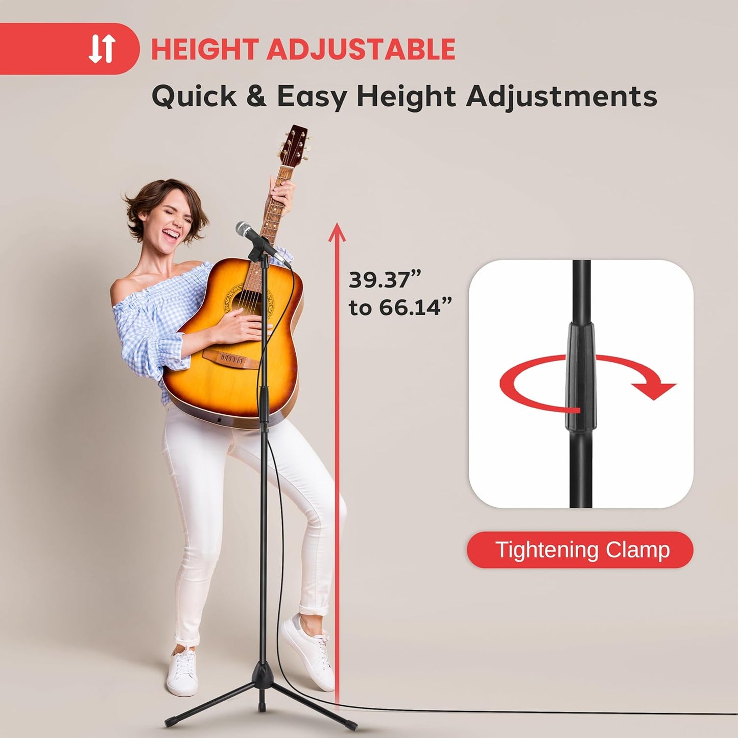 Pyle Tripod Microphone Stand, Height Adjustable from 39.37" to 66.14'', Mic Stand for Floor, Sturdy and Durable Build, Non-Slip Rubber Feet, With 5/8" Screw Adapter, Cable Clip, Compact Folding Design