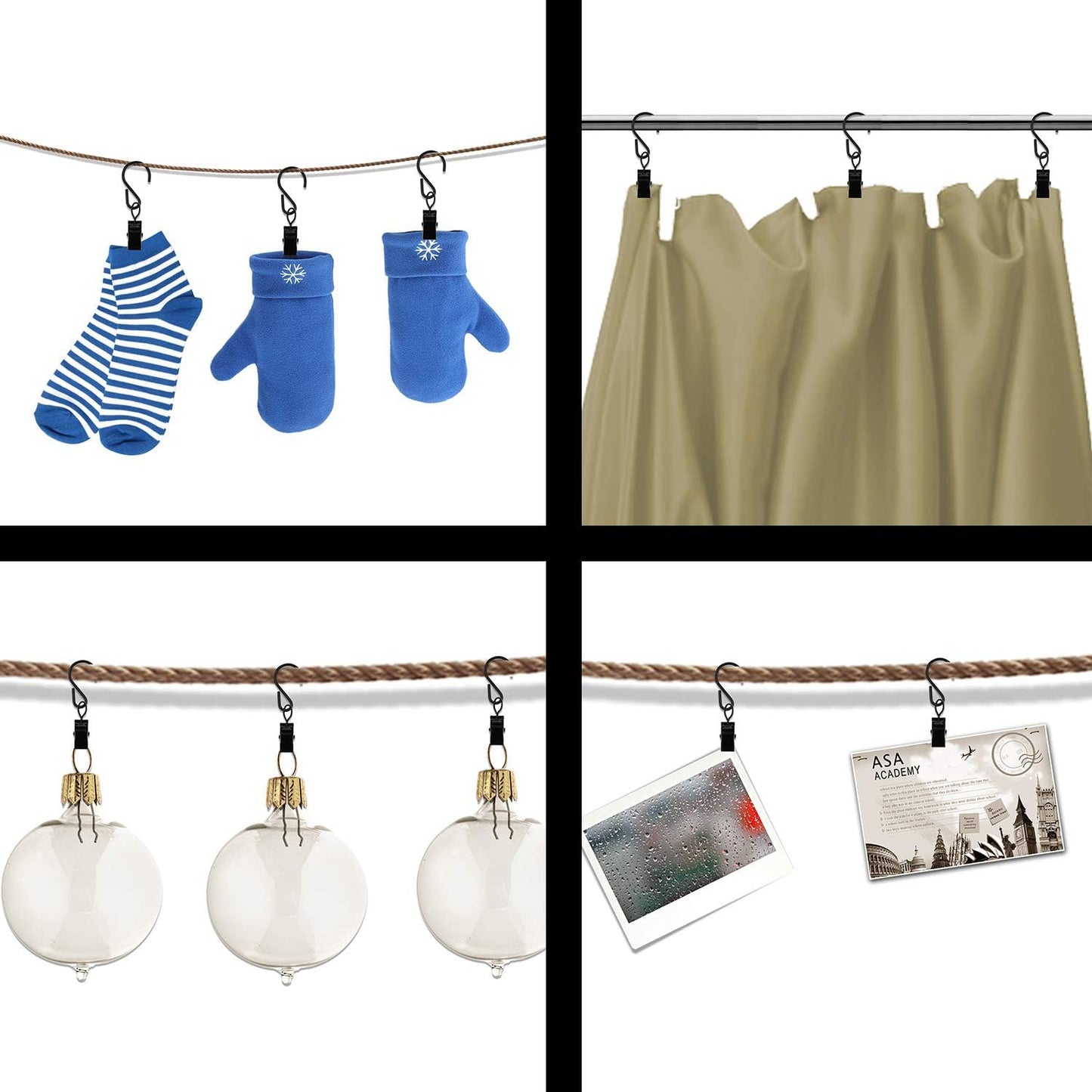 Coideal Curtain Clips Gutter Hooks, 40 Pcs Metal S Hooks Awning Xmas Light Shower Hanging Clips for Christmas Decoration, Indoor and Outdoor (Black)