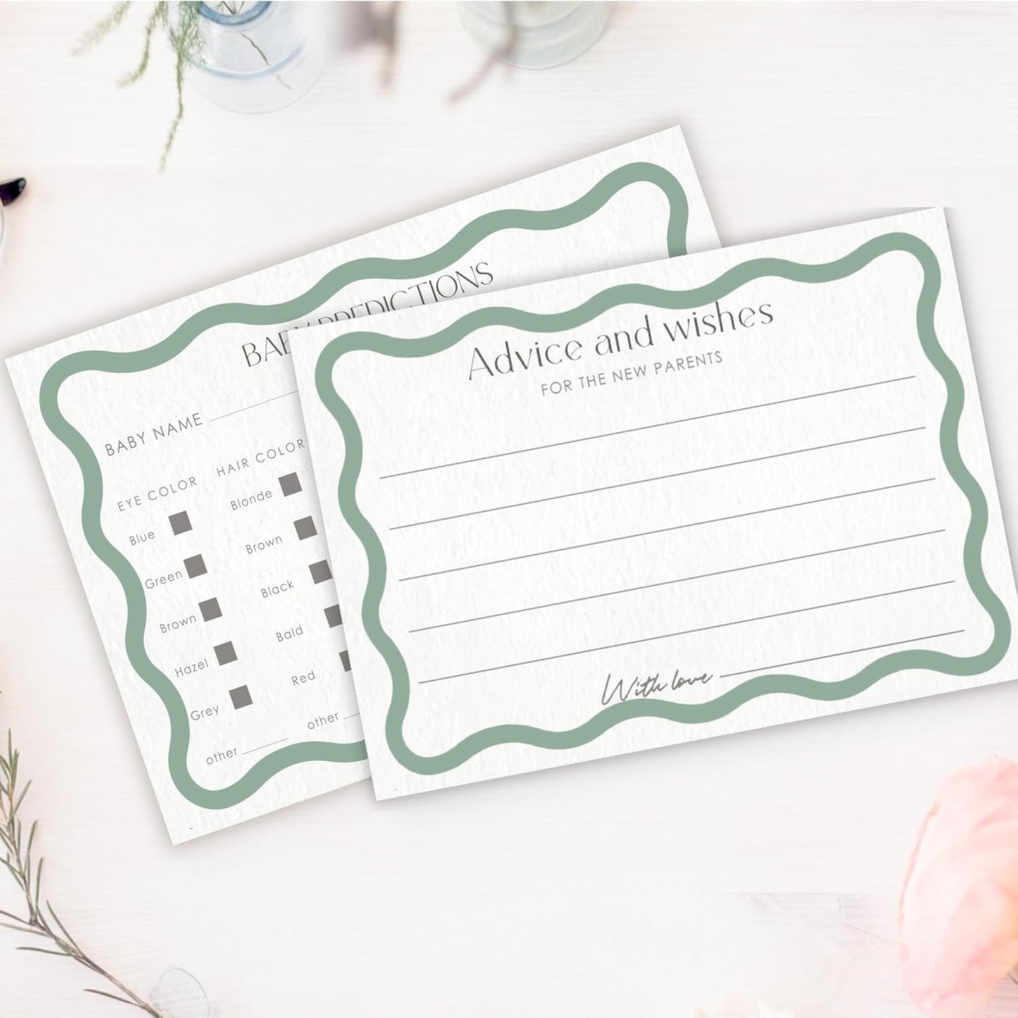 Advice For New Parents Baby Shower, Baby Predictions & Advice Cards For Baby Shower Games Activities, Wishes for Baby, 25 Double-Sided Thick Cards – Sage Green A09