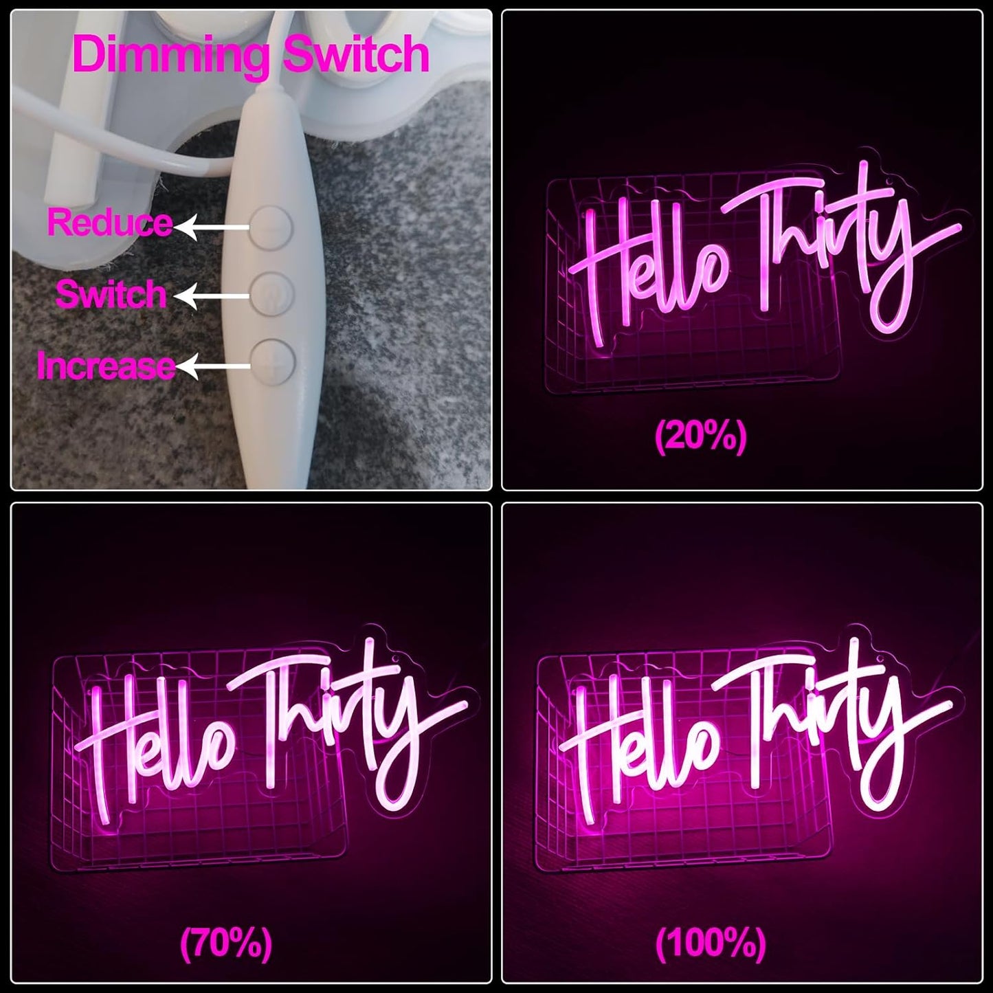 Pink Hello Thirty Neon Sign for Wall - 30th Birthday Gifts for Women Party Photo Background - Hanging Light for Wedding Anniversary Party Decor