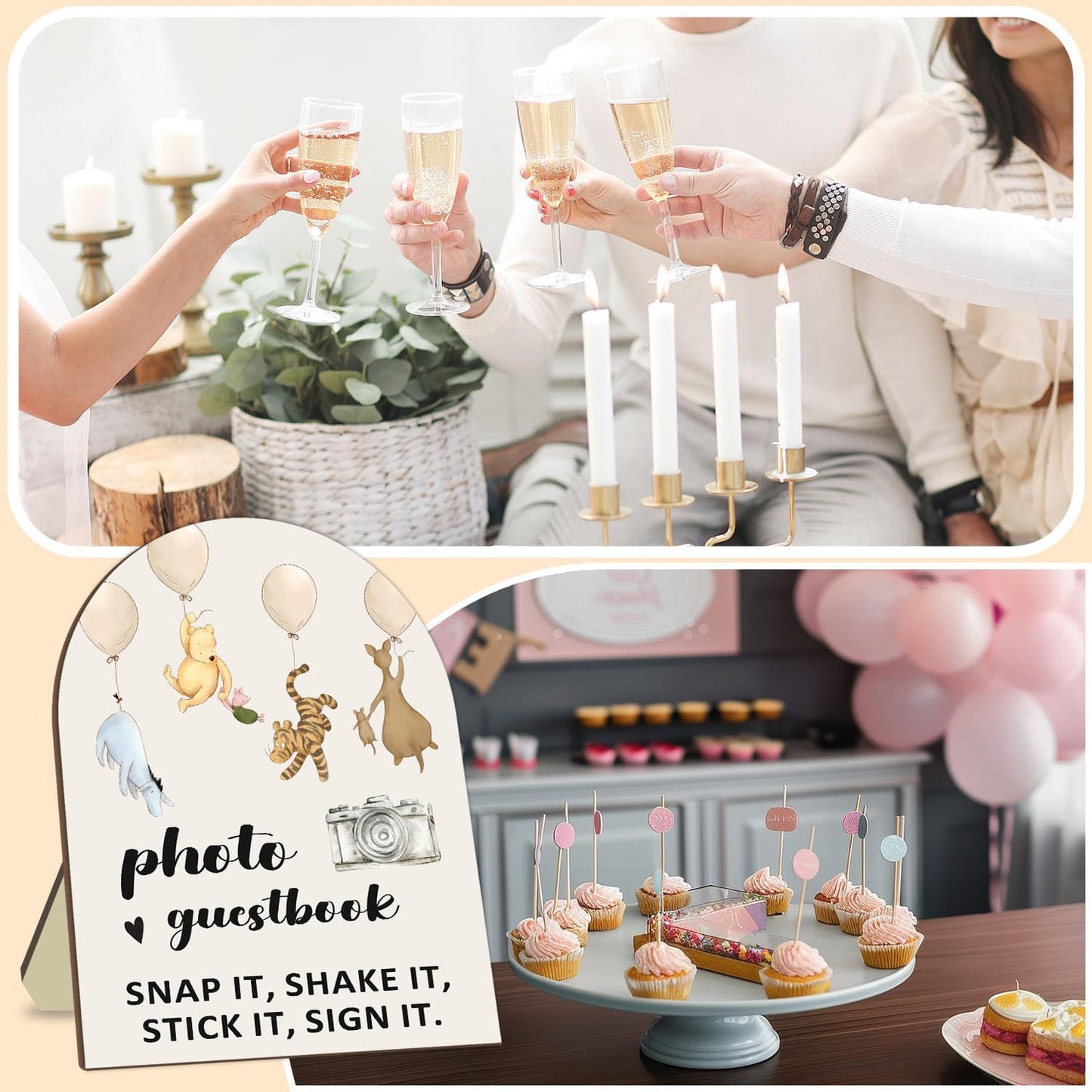 Winnie Wedding Photo Guestbook Sign with Stand, the Pooh Decor Wedding Welcome Sign, Bridal Shower Sign, Baby Shower Party Supplies, Wedding Shower Supplies, Photo Guestbook Wooden Plaque 8 * 10In