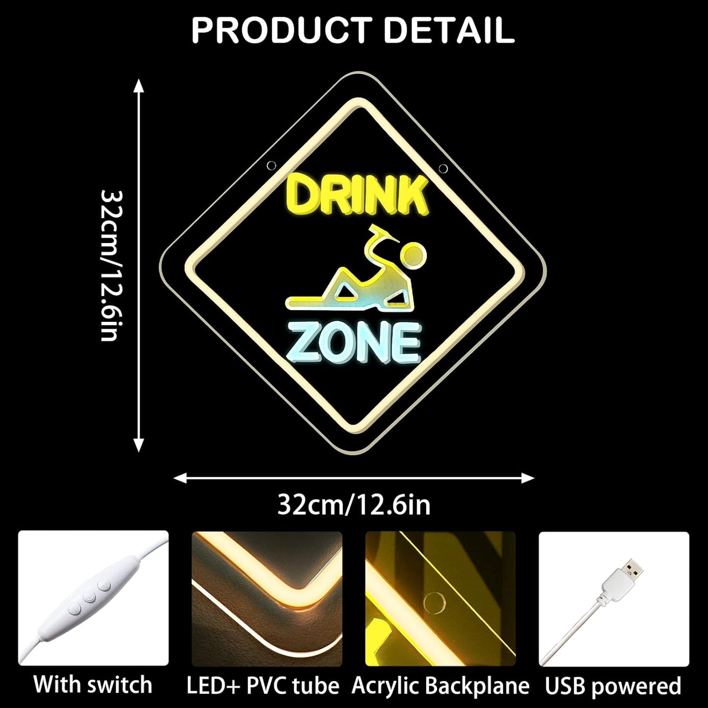 Looklight Drink Zone Neon Sign Dimmale Neon Signs For Wall Decor Led Lights For Bar Man Cave Club Party Bedrooom Decoration USB Powered 12.6x12.6in