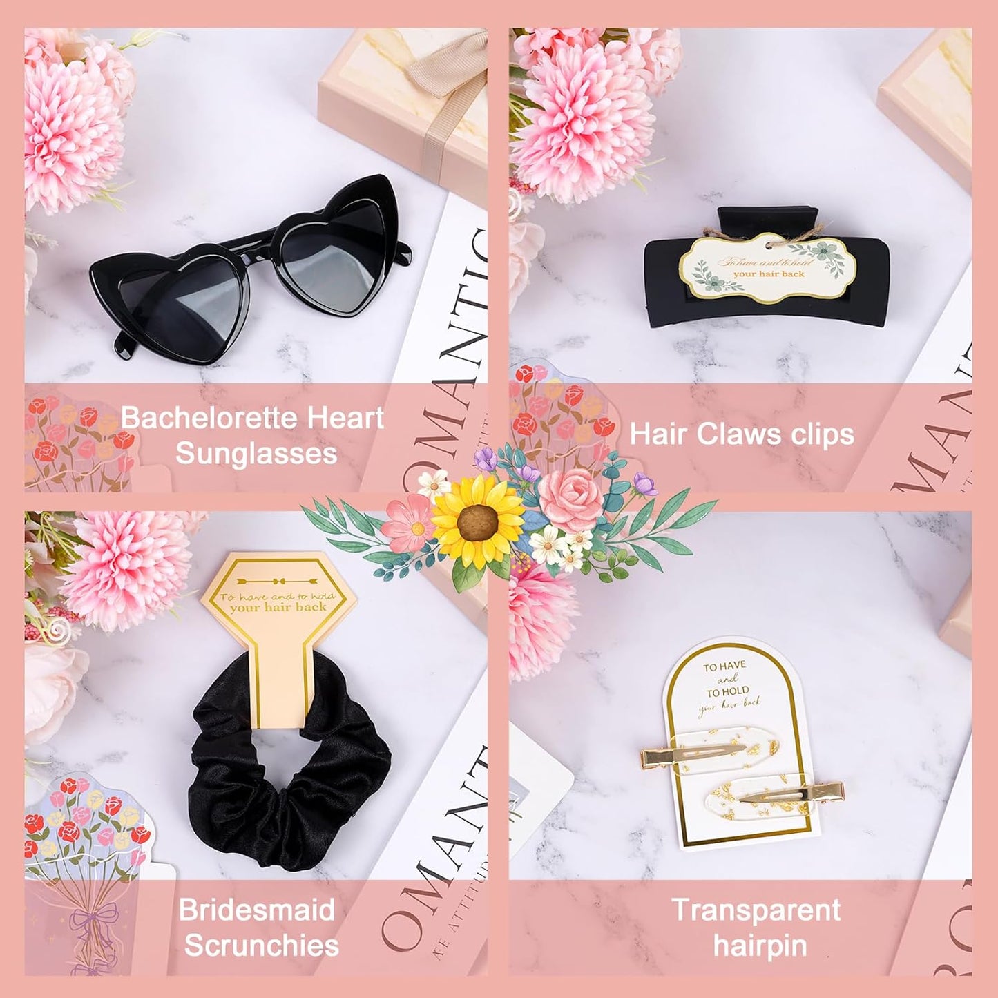 Black Bridesmaid Gift Box for Proposal, 8PCS Hair Claw, Scrunchies, Makeup Clips & Heart Sunglasses – Chic Gift for Women, Bachelorette Party Favors, Birthday Gifts for Girls & Teens