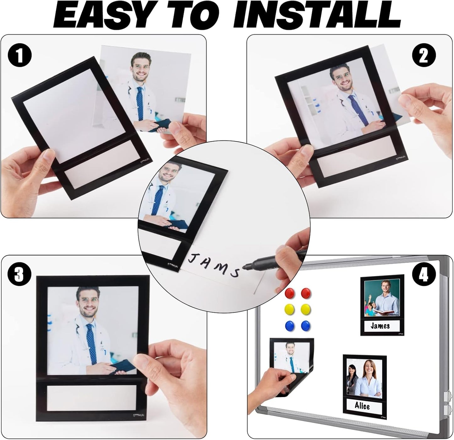 Magnetic Picture Frame 4X4 with ID Identification Tags-Name,Square Magnet Photo Pockets,For Employee Recognition Wall (With signature area),Thoughtful Gift for Friend's Lockers-10 Packs