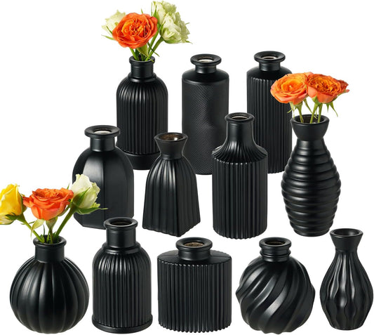 Black Vase, Bud Vases Set of 12, Small Glass Vase for Decor Centerpieces, Matte Ribbed Modern Vintage Flower Vases for Wedding Party Table Decoration Home Decor in Bulk