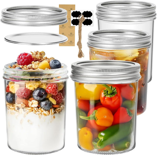ComSaf Wide Mouth Mason Jars 16 oz with lids - 4 Pack, Pint Mason Jars with Seal Bands, Glass Canning Jars for Honey, Jam, Jelly, Coffee, Salad, Desert, Shower Wedding Favors, DIY Candles Decor
