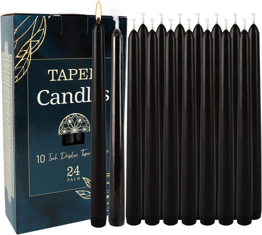 24 Pack Black Taper Candles, 7-8 Hours Burn Time, Unscented, Smokeless and Dripless, 10 Inch Dinner Candle Set for Household, Wedding, Party and Home Décor Candlesticks.