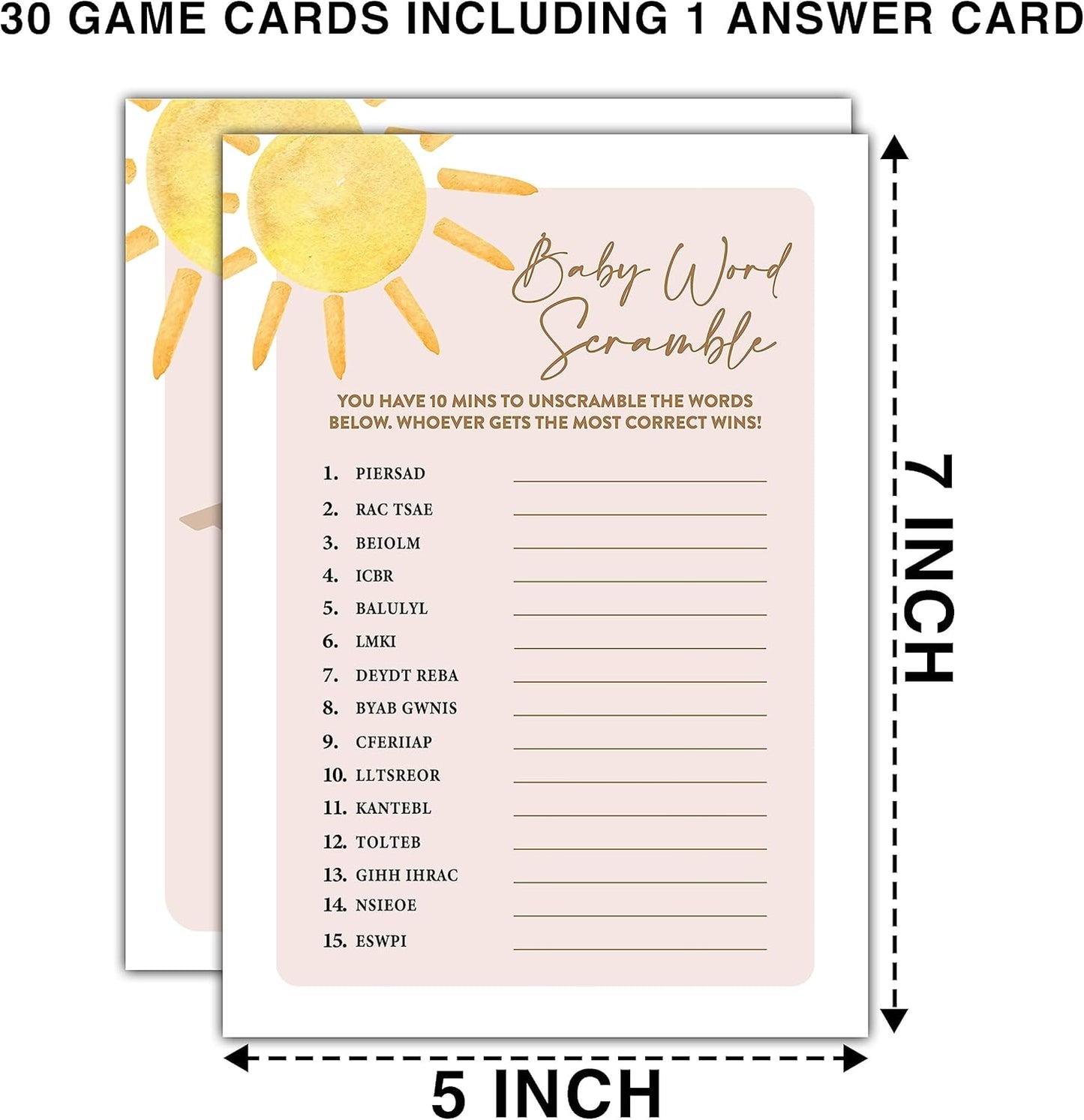 Boho Sunshine 30 Baby Word Scramble Game Cards with 1 Answer Card, Gender Reveal Party Supplies Favors (5"x7") - D01