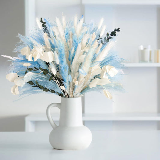 N&T NETING 101Pcs Blue Pampas Grass Decor Natural Dried Floral Pampas Grass Light Blue Boho Pampas Home Decor Fluffy Dried Pampas Flowers for Home Wedding Boho Beach Theme Table Decor