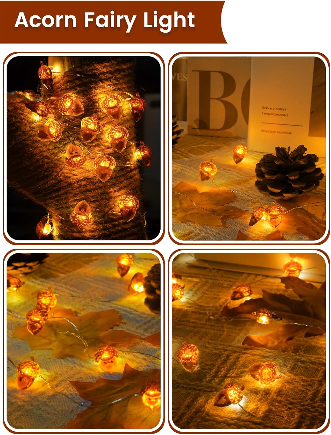 BOSSERN 2 Pack 60LED Thanksgiving Decoration Acorn String Light Battery Operated, 20FT Fall Lights with Remote, Waterproof 8 Modes Fairy Lights for Autumn Harvest Thanksgiving Halloween Decor