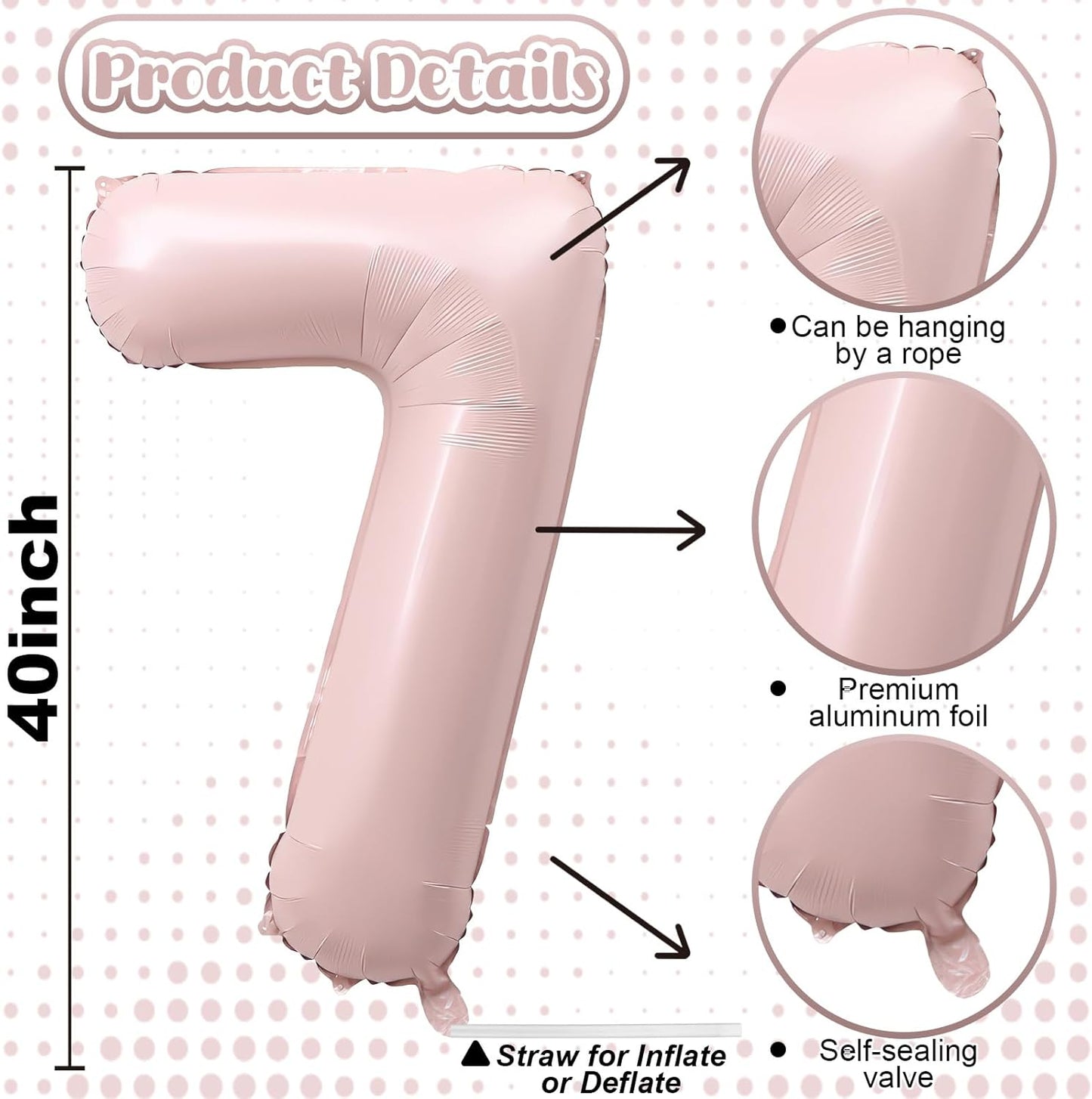 Light Pink Number Balloon 7, 40 Inch Large Self Inflating 7 Foil Number Balloons 0-9, Blush Pastel Pink Digital 7 Helium Balloon for Girls Women 7th Birthday Party Graduation Anniversary Decorations