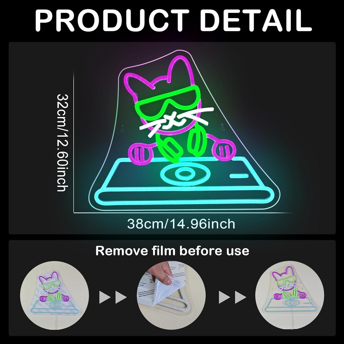 Cool DJ Cat Neon Sign – LED Wall Light for Bedroom, Game Room, Music Studio, or Bar, USB Powered, Dimmable, 14.9"x12.6"