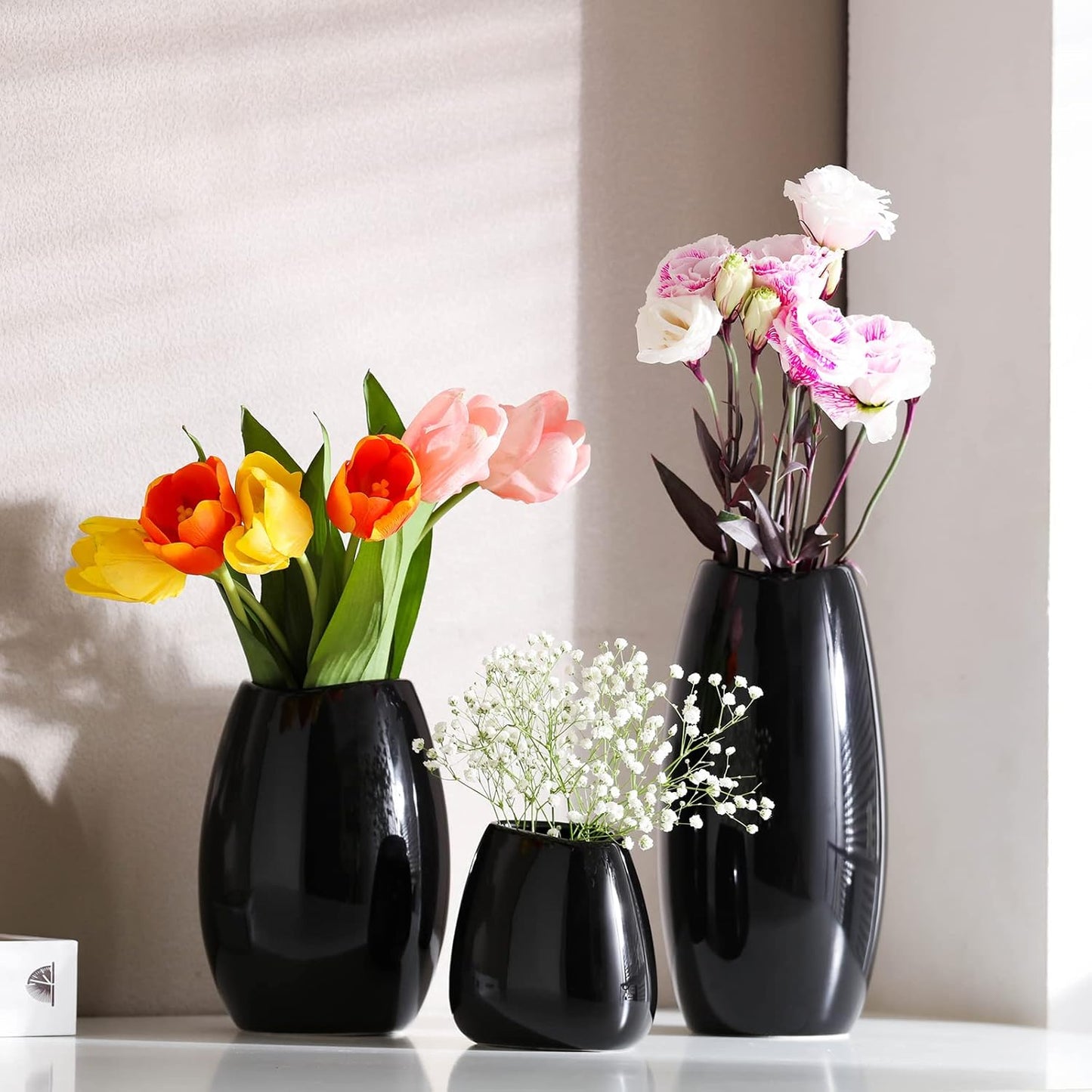 hjn Ceramic Vase Set of 3 Black Flower Vase for Home Decor, Modern Decorative Vase for Flowers/Ideal Shelf Decor/Table/Living Room/Kitchen/Office-Black