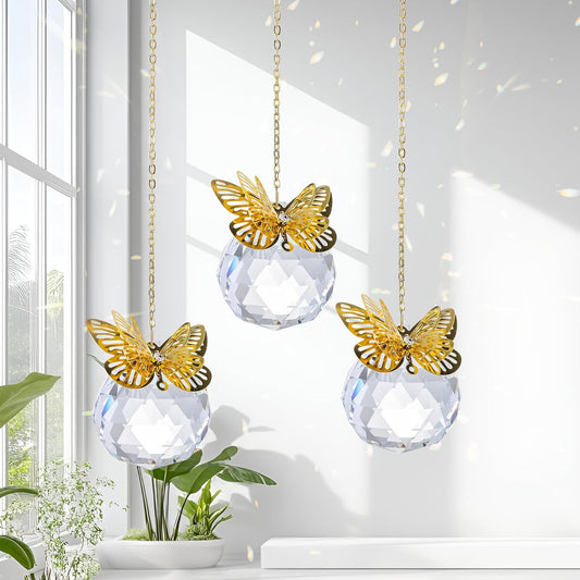 Crystal Suncatchers Gold Butterfly 40mm Crystal Prisms Ball Rainbow Maker with Chain for Window Hanging Decoratioin 3 Pack