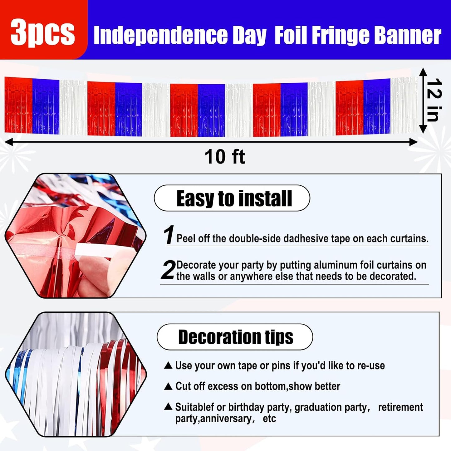 3 Pack 10 Long White Blue Red Metallic Foil Fringe Garland Wall Hanging Tassle Banner, Mother's Day, Easter, Parade Floats, Birthday, Theme Party, Wedding Party Decorations