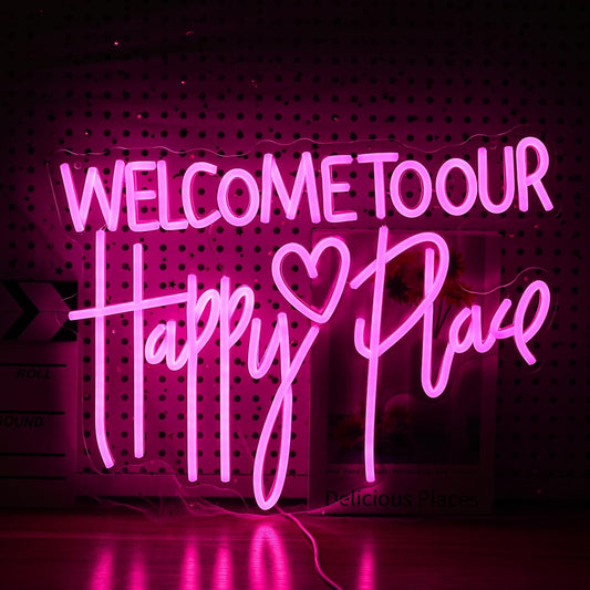 Welcome To Our Happy Place Neon Sign LED Pink Our Happy Place Neon Light With USB for Wall Decor Dimmable Happy Letters Light Up Sign for Bedroom Wedding Party Home Decor (16.7 * 12.6In)