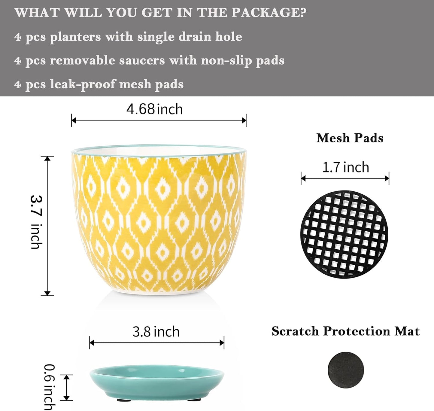 Selamica Ceramic Plant Pots, 4.6 Inch Flower Pots for Indoor Plants, Succulent Pots with Drainage Hole & Saucer, Succulent Planters for Succulent Cactus, Home Decor, Set of 4, Assorted Colors