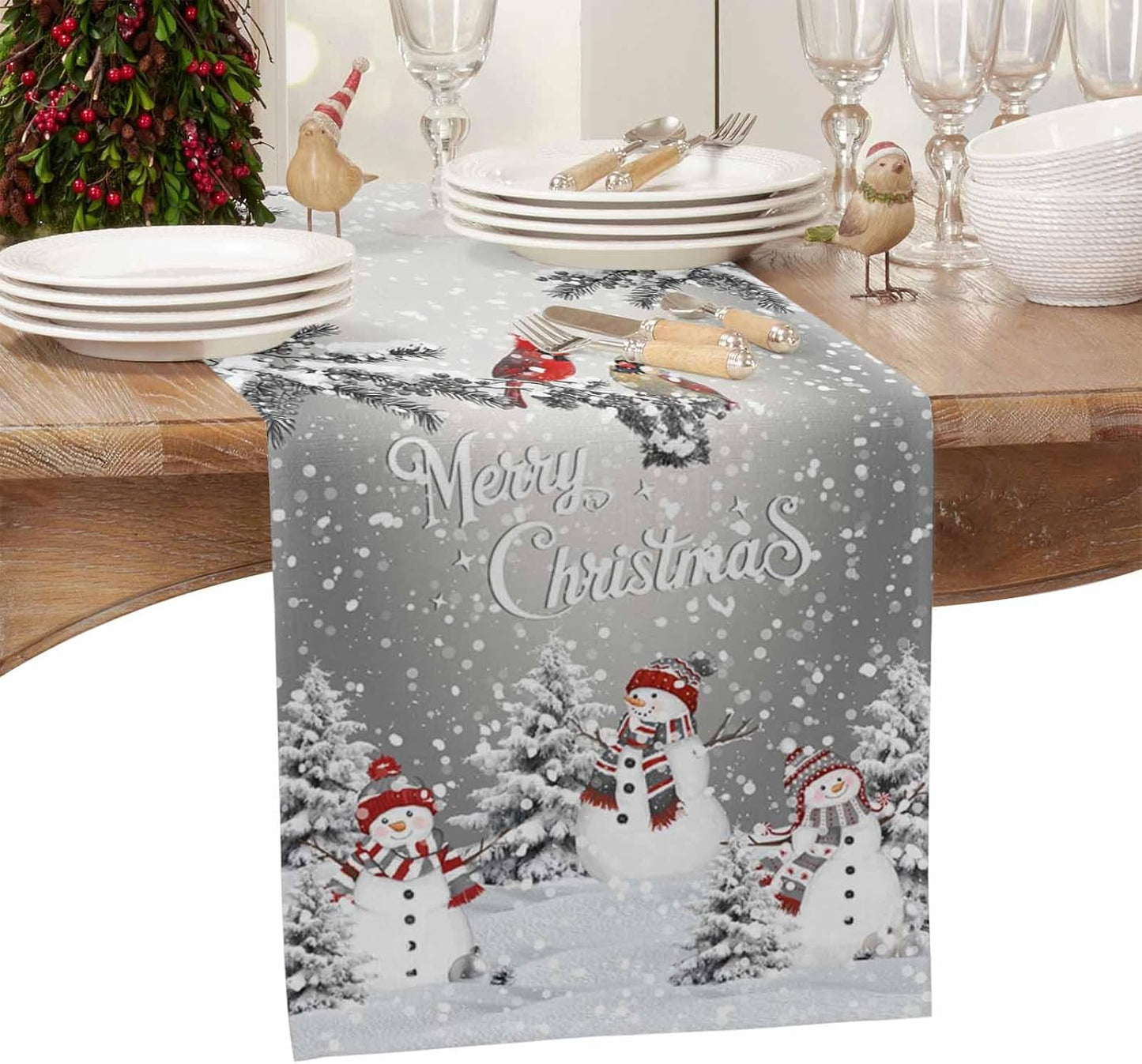Christmas Snowman Cotton Linen Table Runner for Dining Kitchen, Snowflakes Xmas Pine Tree Wedding Outdoor Party Tablerunner Decoration Winter Bird Dresser Scarf Coffee Tablecloth Runners 13x72 Inches