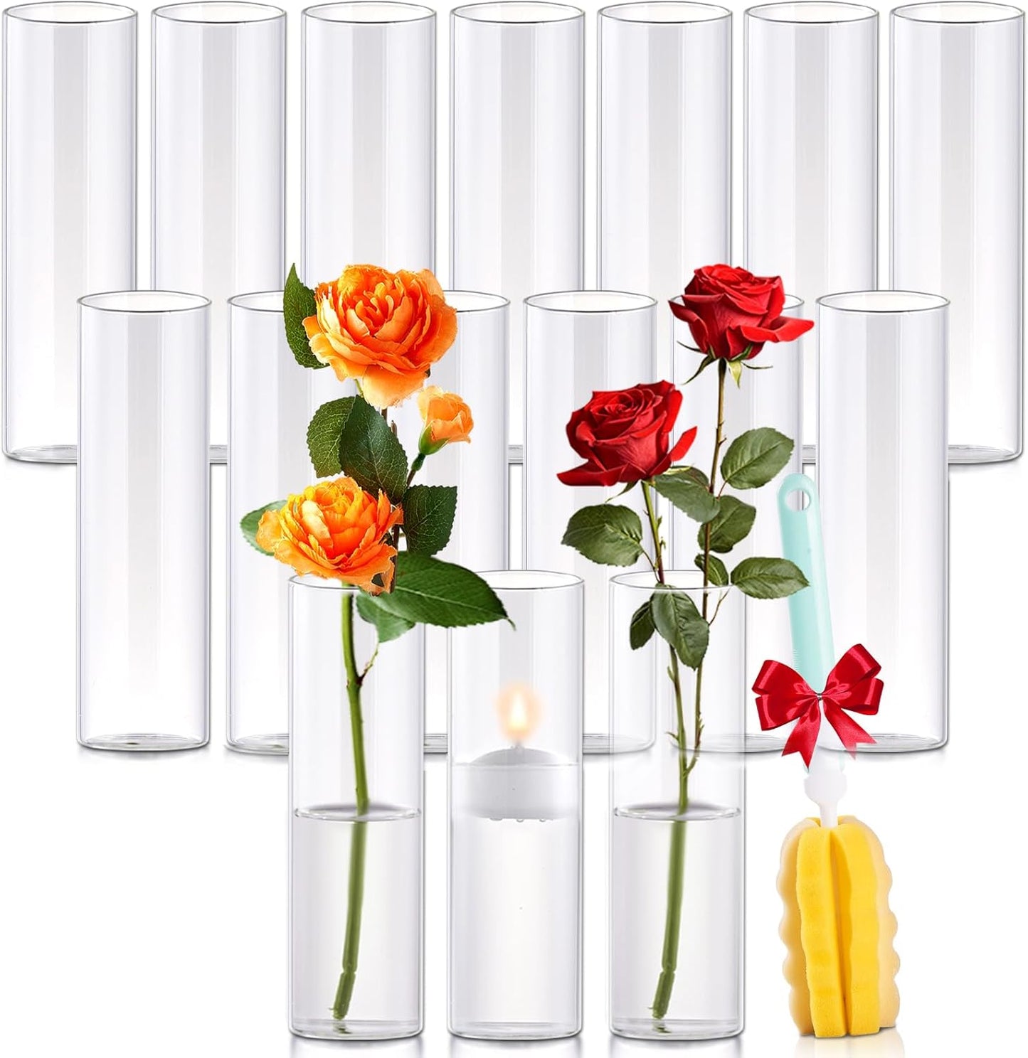 16Pcs Glass Cylinder Bud Vases for Centerpieces,7.7 In Tall Clear Flower Vases in Bulk,Glass Small Vases Floating Candle Holder for Party,Home Decor,Wedding Decoration,Birthday,Anniversary,Baby Shower