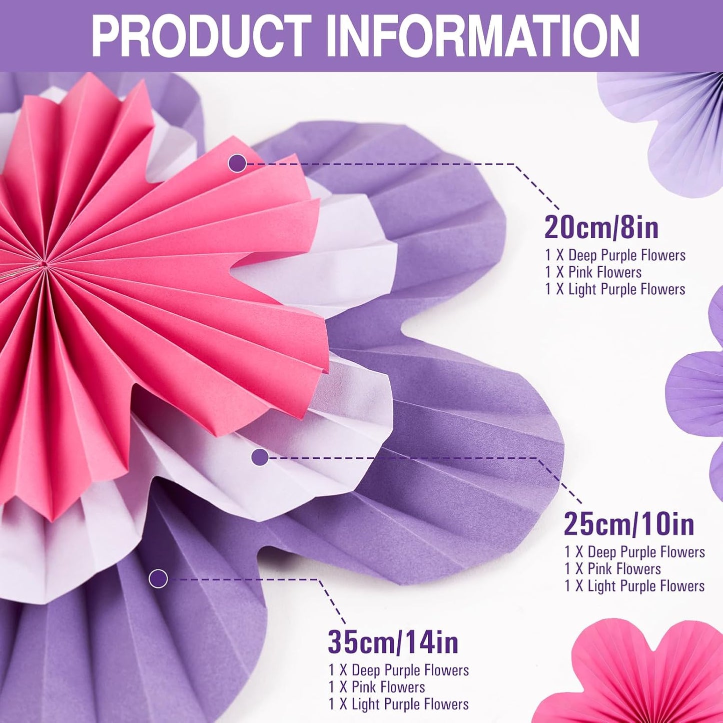 Paper Flowers Decorations for Wall Purple Paper Fans Classroom Decoration Floral Backdrop Decor Fans Hanging Pink Flower Wall Decor, Set of 9
