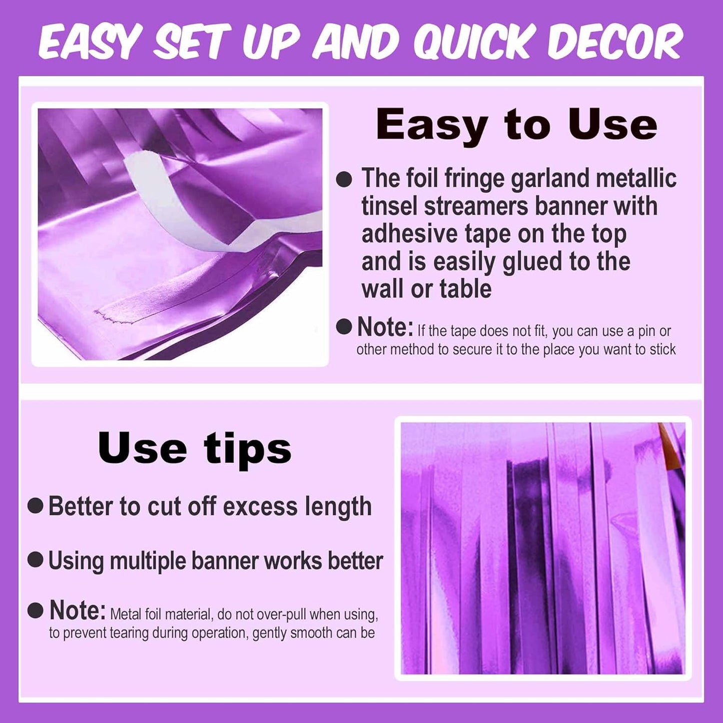 6 Pack 10 Ft Light Purple Foil Fringe Garland Metallic Streamers Tinsel Banner Wall Hanging Garland Backdrop for Parade Floats, Halloween, Christmas, Thanksgiving, New Year Party Decorations