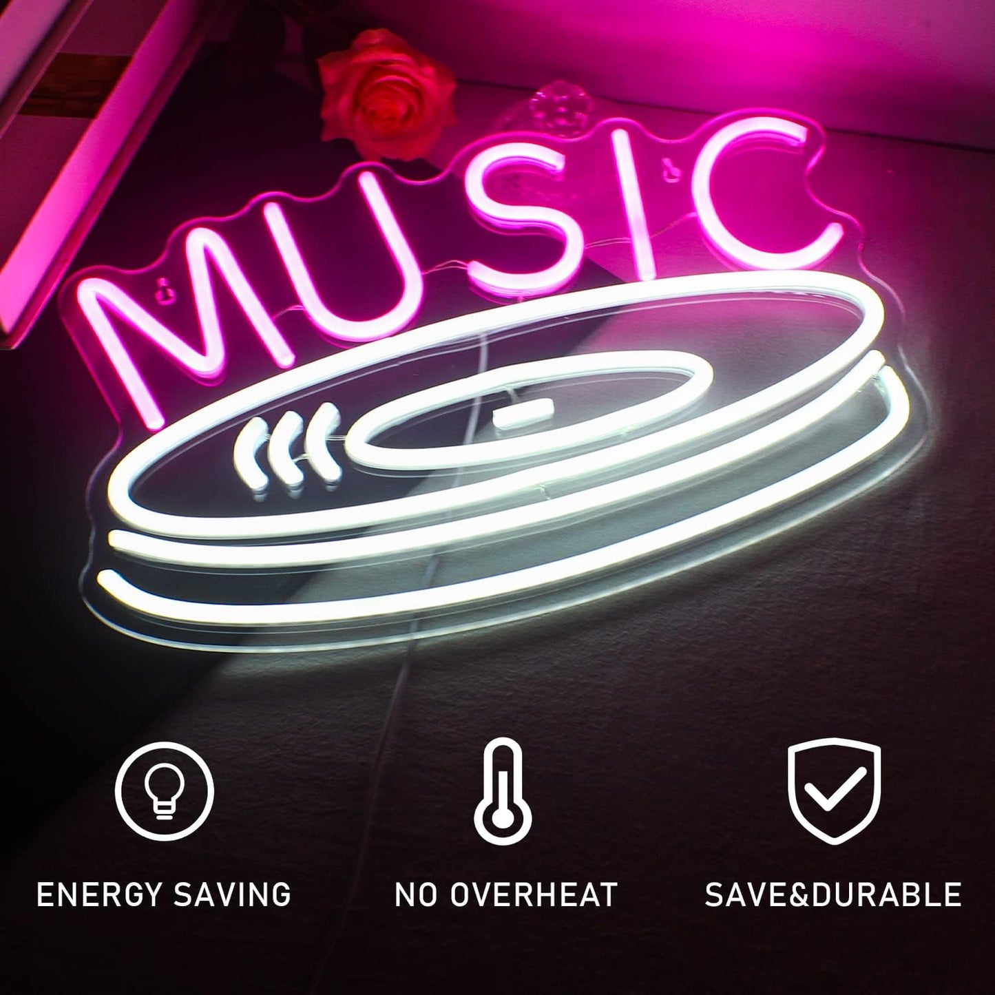 Music Record Neon Sign Pink White Led Neon Light Signs for Wall Decor Usb Light Up Signs for Bedroom Studio Music Live Record Store Kids Room Party Decoration