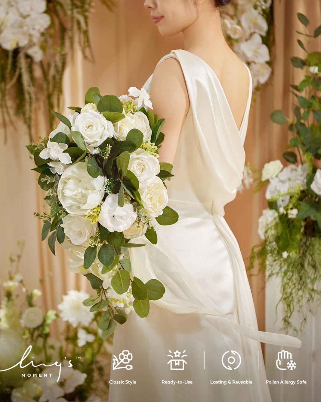 Ling's moment White Bridal Bouquet Cascading, White Wedding Bouquets for Bride, 13 Inch Ivory Bride Bouquets for Wedding Artificial Flowers Bouquets