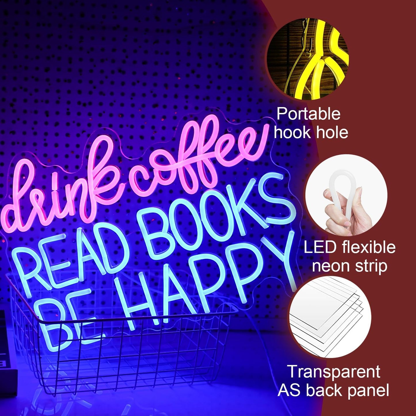 Drink Coffee Read Books Be Happy Neon Sign USB Powered Led Read Books Neon Light for Wall Decor Dimmable Pink Blue Neon Light Up Signs for Classroom Coffee Shop Bookstore Library Museum Study Room(16.5*12.6In)