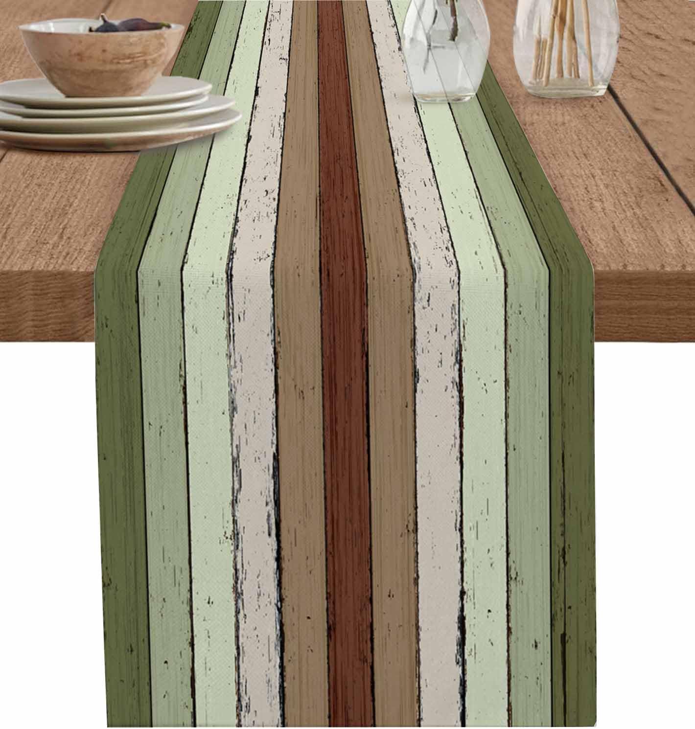 Sage Green Wooden Cotton Linen Table Runner for Dining Kitchen, Wedding Outdoor Party Tablerunners Decoration, Vintage Country Retro Distressed Grain Dresser Scarf Coffee Tablecloth Runners 13''x120''