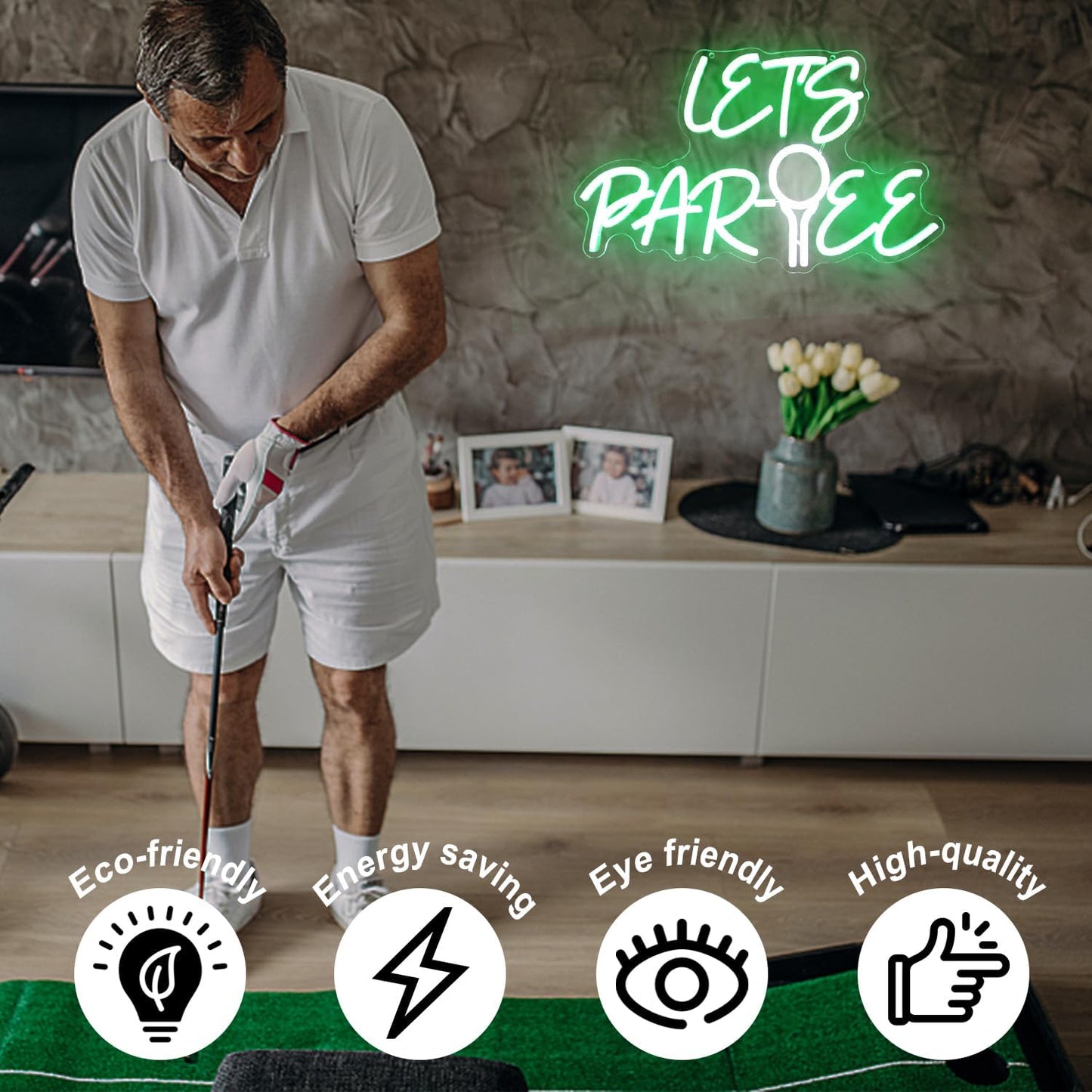 Let's Par Tee Neon Sign for Wall Decor - Green White LED Golf Ball Light - Dimmable Hanging Sign for Golf Club, Bedroom, Man Cave, Party