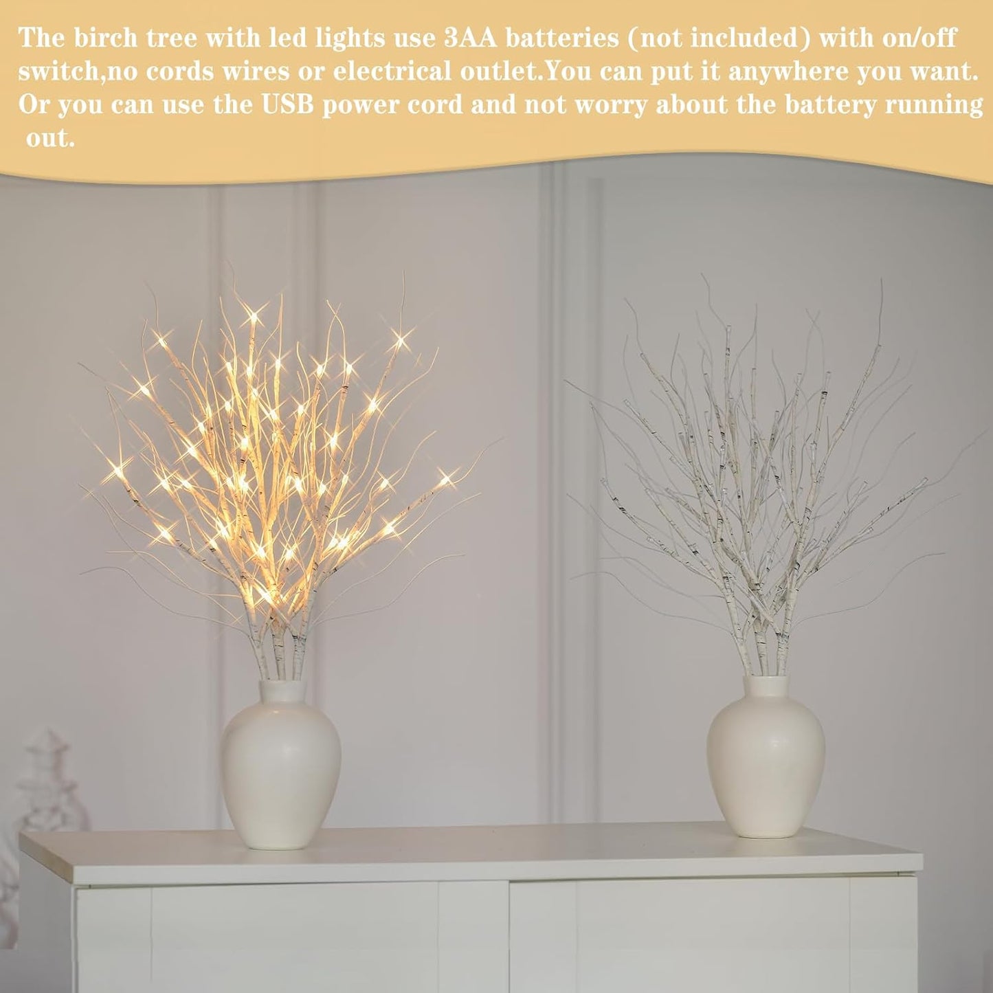 Lighted Artificial Birch Branch Tree Fairy Lights Holiday Decor,3PK 19.7in 48 LED;USB Powered,Warm White Branch with Lights for Christmas Holiday Wedding Party Decoration,Timer