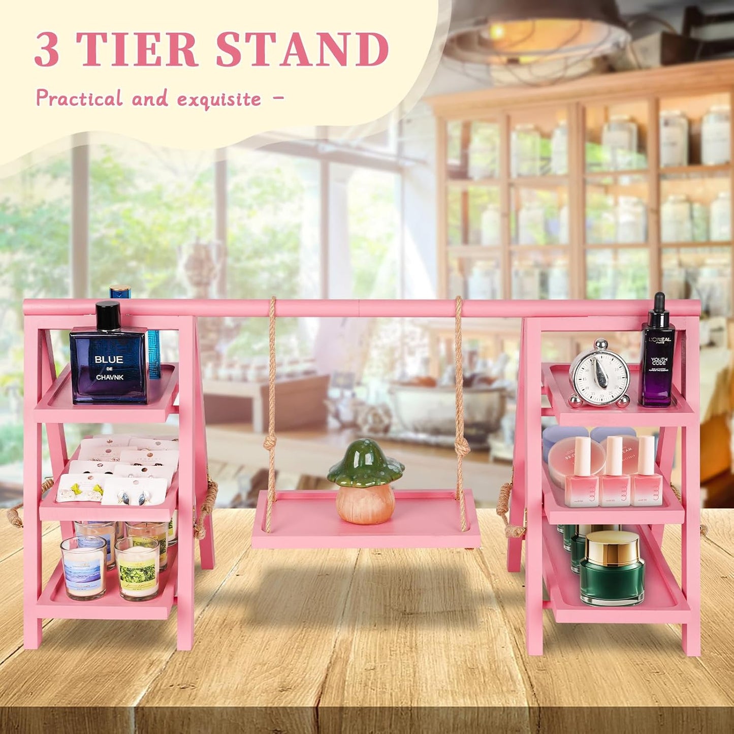 Wooden Cupcake Stand, 3 Tier Cupcake Display Stand for Dessert Display, Dessert Stands with Serving Tray and Foldable Stand for Party, Birthday, Wedding, Events, Baby Shower (Pink)