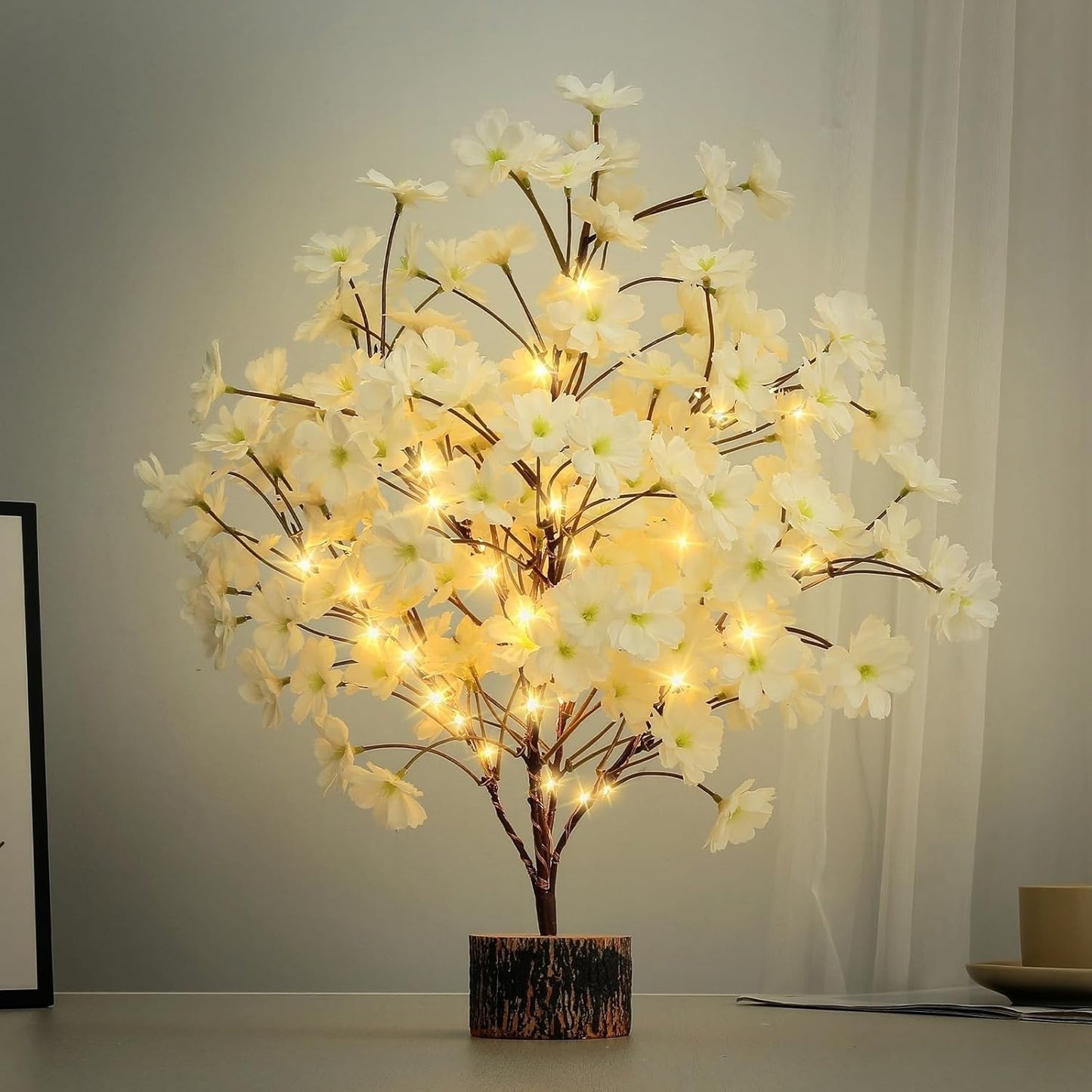 19Inch Cherry Blossom Tree Light, Lighted Artificial Tree with White Silk Flowers, Battery Operated Lamp with Timer for Summer Wedding Decorations,49 Fairy LEDs