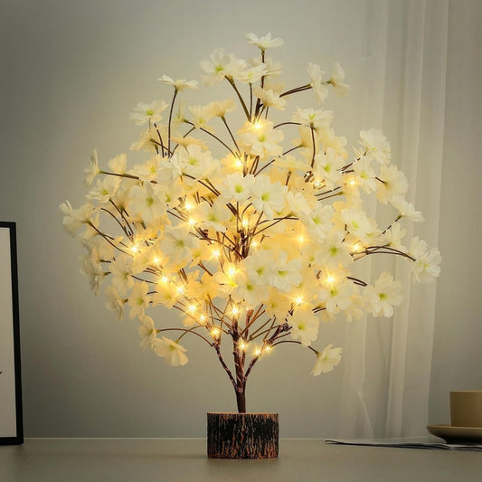 19Inch Cherry Blossom Tree Light, Lighted Artificial Tree with White Silk Flowers, Battery Operated Lamp with Timer for Summer Wedding Decorations,49 Fairy LEDs