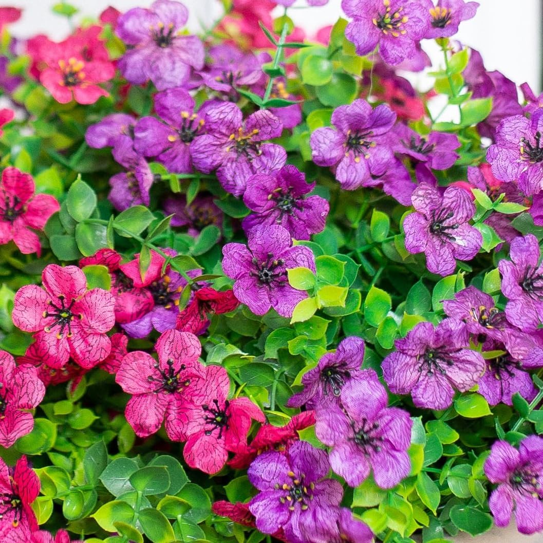 HyeFlora Artificial Flowers for Outdoor Indoor Garden Home Decoration, Faux Flower Daisy with Eucalyptus Leaves Fake Plants Greenery Boxwood Porch Patio, 12 Bundles (Purple Pink)