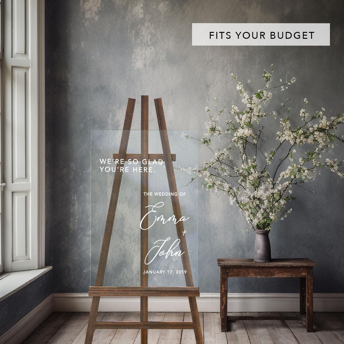 Andaz Press Custom Large Wedding Acrylic Sign, 16 X 24 Inches, So Glad You'Re Here, Personalized Sign, Welcome Sign For Modern Wedding Theme Wedding Welcome Sign