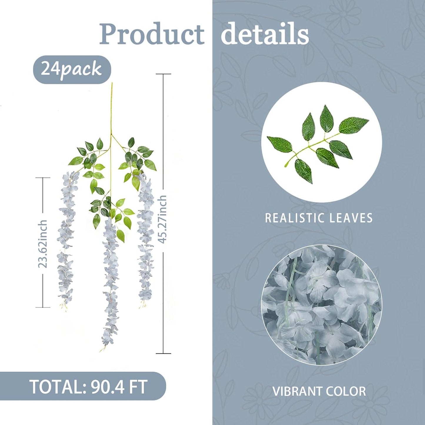 24 Pack Grey Wisteria Hanging Flowers Garland, 3.77 Feet Artificial Flower Vines, Fake Wisteria, Artificial Vines Hanging Garland for Backdrop Outdoor Yard Garden Decor