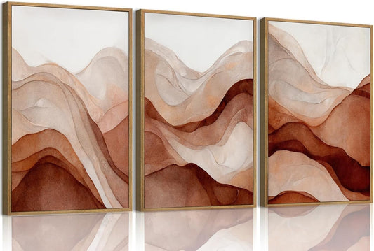 myusuar 3 Piece Large Abstract Framed Wall Art For Living Room, Smoke Texture Ink Warm Brown Terracotta Canvas Wall Art Modern Minimalist Art Prints Wall Décor For Bedroom Office 12x16in