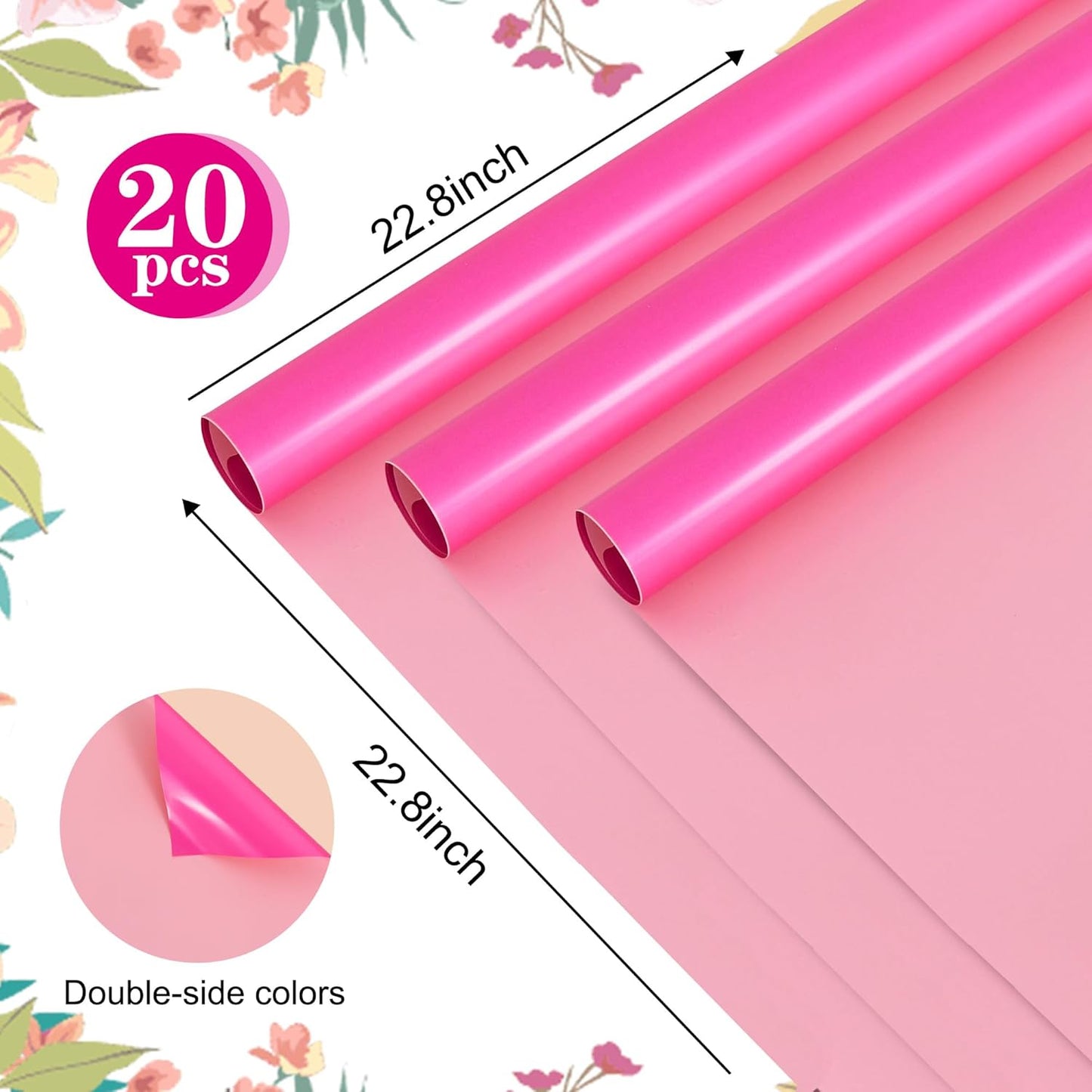 BEISHIDA 20Pcs Pink and Hot Pink Flower Bouquet Wrapping Paper - Double Sided Matte Colors Waterproof Wrapping Paper for Floral Wrap Florist Packing Supplies Valentine's Christmas Birthday Gift Wrap
