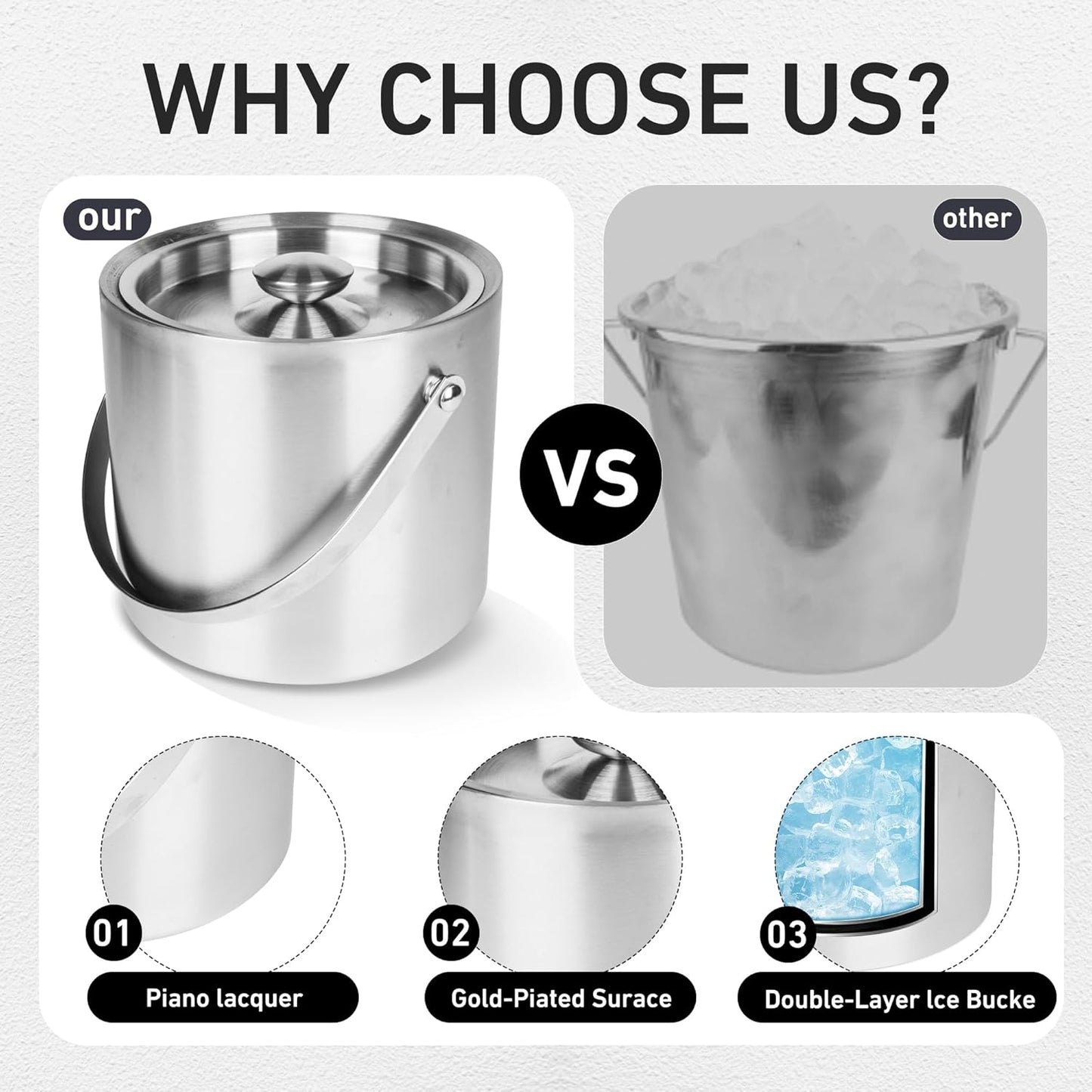 DREAMYO 3L Double Wall Insulated Stainless Steel Ice Bucket with scoop for Cocktail Bar,Metal Ice Bucket for freezer with Lid for parties.ice Container,bar cart accessories(Silver)