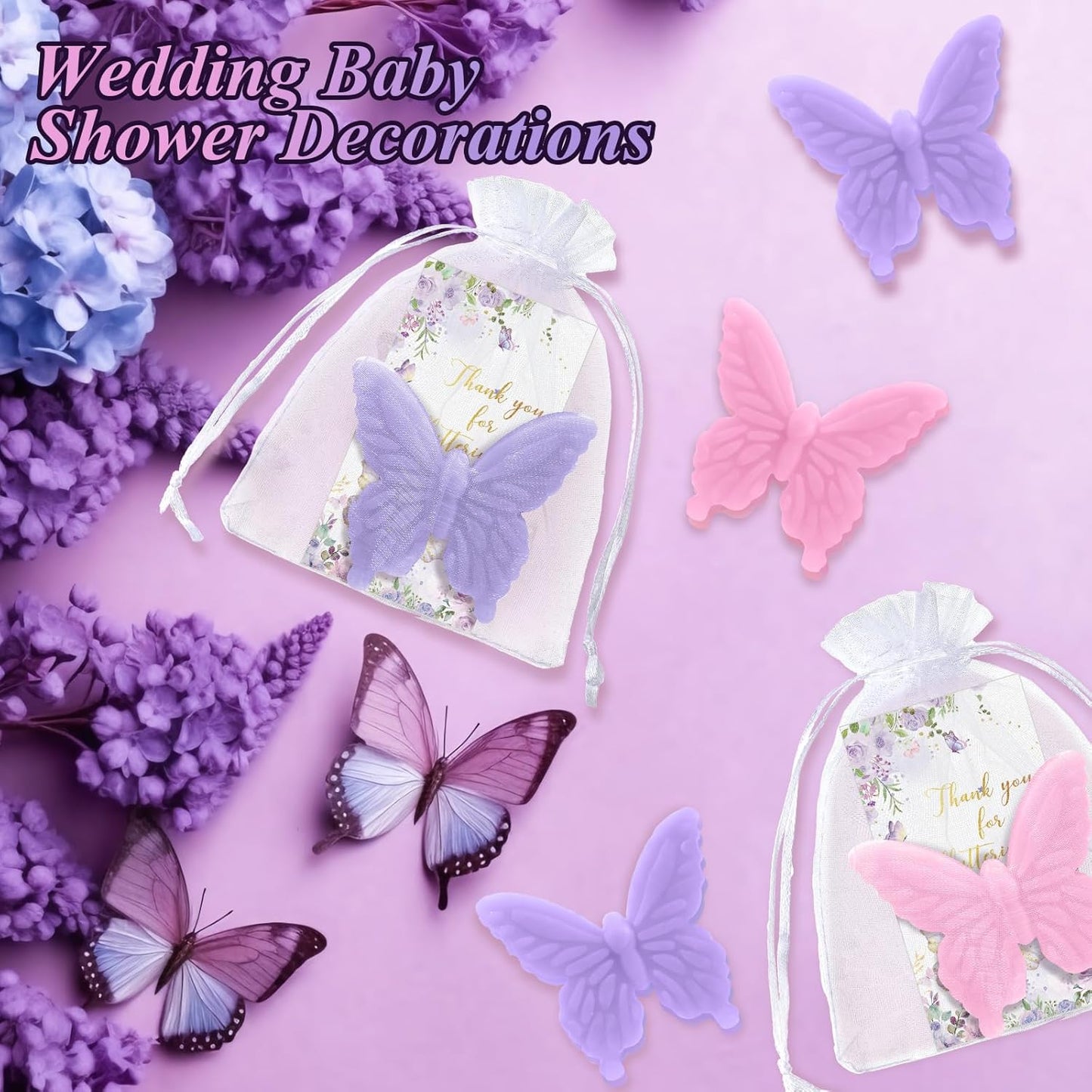 Dunzy 100 Sets Butterfly Theme Baby Shower Favors for Guests Butterfly Soap Favors with Thanks You Cards Gift Bags Gender Reveal Baptism Party Decorations Wedding Bridal Souvenirs (Purple,Pink)