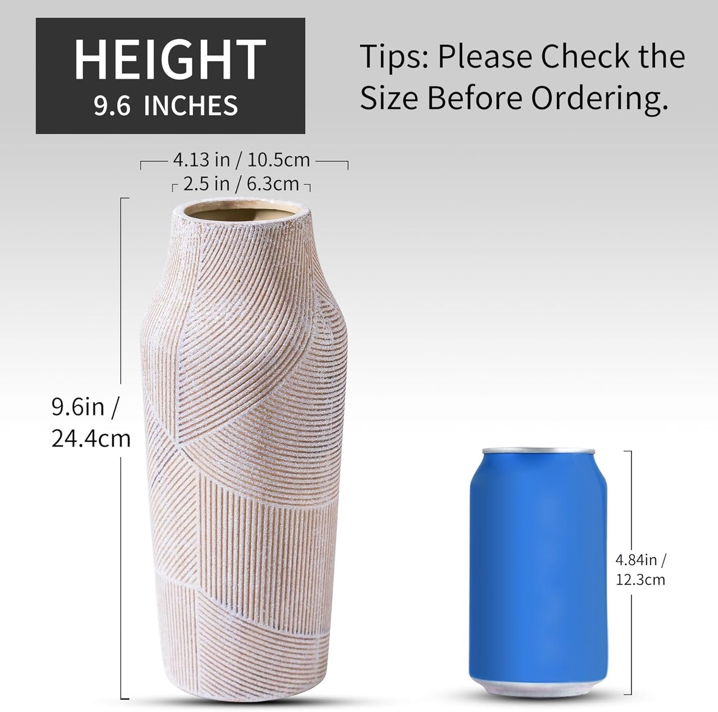 Vintage Ceramic Flower Vase, Terracotta Farmhouse Decorative Rustic Stone Clay Floral Vase, Concrete Grey Home Decor for Living Room, Entryway, Kitchen, Bedroom, Bathroom and Shelf 9.6 Inch