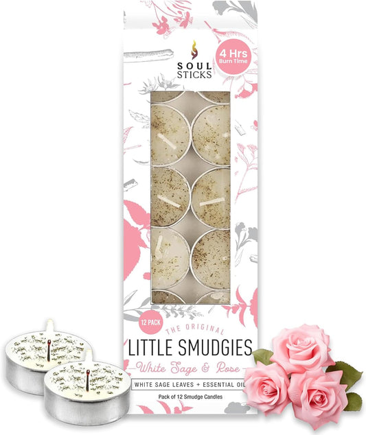 SOUL STICKS 12 Pack Little Smudgies Tealight Candles Smudge Candle for Cleansing House, Meditation, Chakra Healing | Made with Crystals and Herbs (White Sage & Rose)